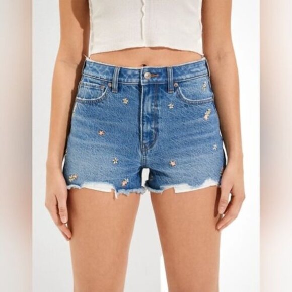 American Eagle Mom Shorts Floral Embroidered High Rise Jean Shorts Blue Womens 6 - Picture 1 of 14